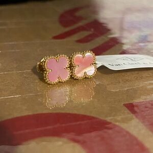 18K Solid Gold Alhambra Clover Earrings 10mm Pink Mother of Pearl HK Setting